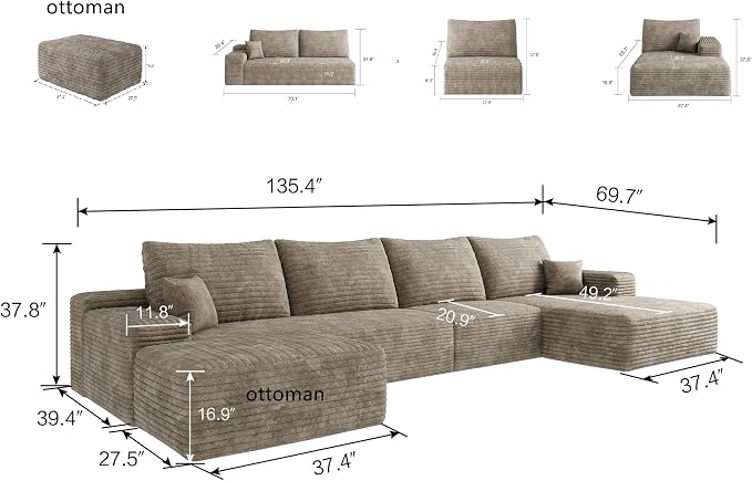 JINGLING 37.4" Rectangle Ottoman Foot Rest for Couch - Corduroy Upholstered Compressed Memory Foam, Cloud Ottoman for Modular Sectional, No Assembly Required, DIY Combination, Camel