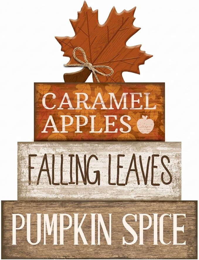 Moucuny 4 Pcs Fall Decor Wooden Maple Leaf Decoration Thanksgiving Tiered Tray Decor Rustic Wooden Maple Leaf Block Signs Thanksgiving Table Centerpiece Farmhouse for Autumn Harvest Party Kitchen Home