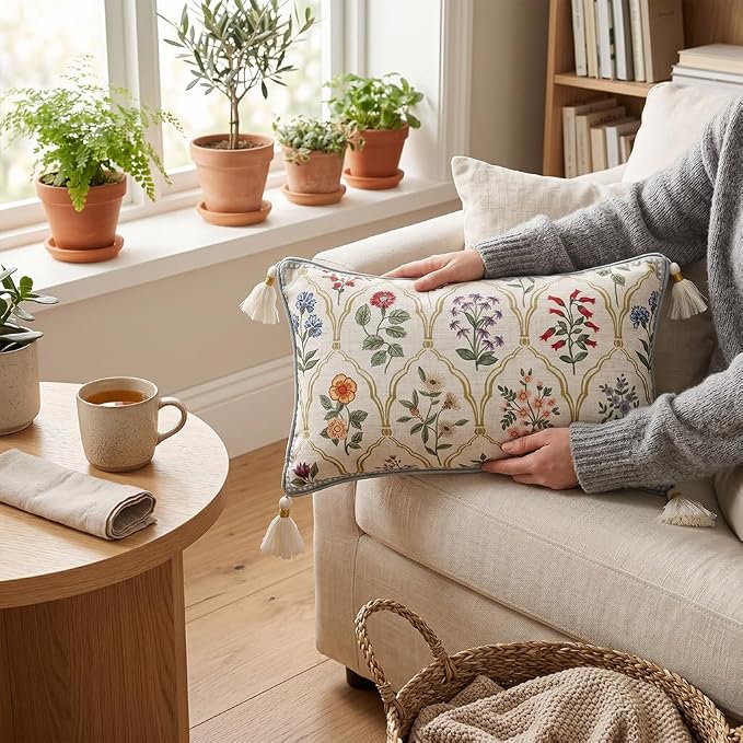 ISAENNE Designer Linen Throw Pillow Cover,Set of 2,20"x12"-Serenity B | French Elegant Rectangle Decor Pillow Cover,Concealed Zipper Design,Colorful Floral Pattern,Sofa,Bedroom,Living Room,Chair