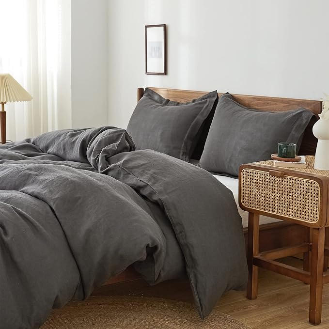 100% French Linen Pillow Shams Basic Style - Pack of 2 - Washed Solid Color Natural Flax Soft Breathable - Dark Grey, 20'' x 36''