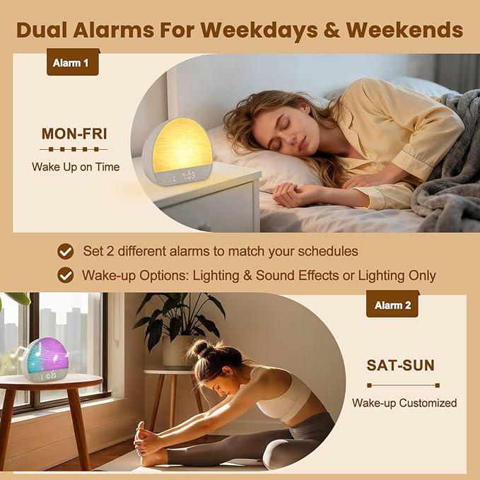 JONRRYIN Sunrise Alarm Clock Wake Up Light for Heavy Sleeper, 37 White Noise Sounds, Tap Snooze, Bluetooth Speaker, Remote Control, USB Port, 15 Color Dimmable NightLight for Bedroom