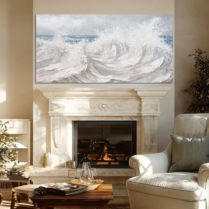 ZUNARE Abstract Ocean Wave Wall Art Blue Sea Canvas Painting with Gray Sky and Textured White Brown Waves, Moody Seascape Artwork for Living Room Bedroom Kitchen Office 24"x48"