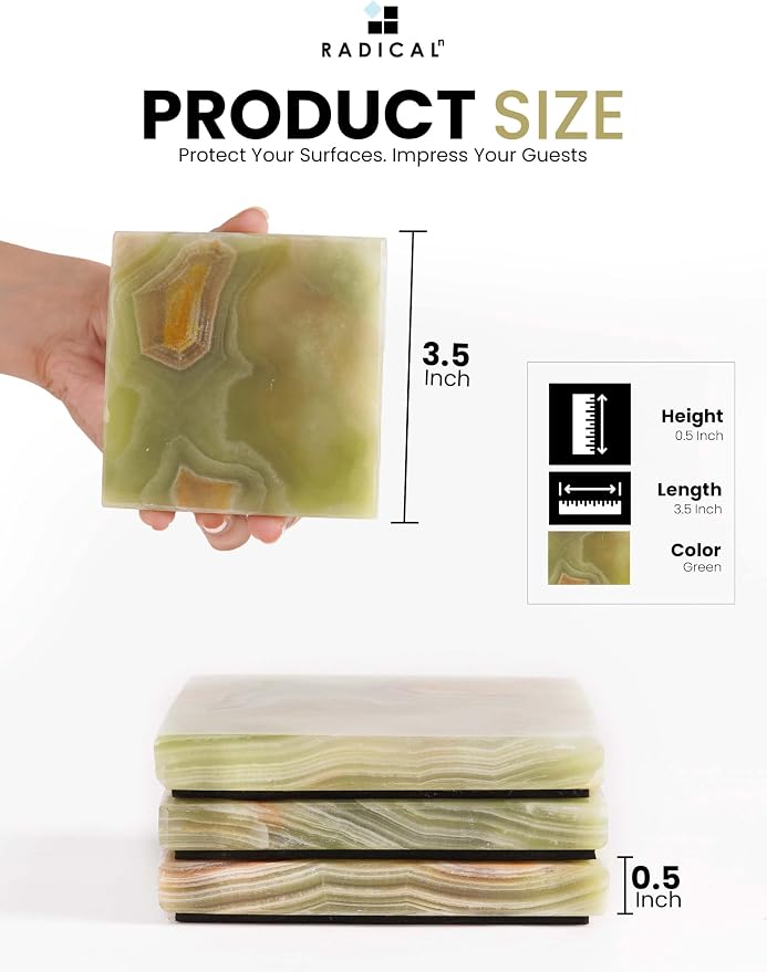 Radicaln Green Onyx Marble Coasters Set of 6 Handmade 3.5" Inch Square Coasters for Drinks, Ideal Coaster Set for Dining & Coffee Tables Decor