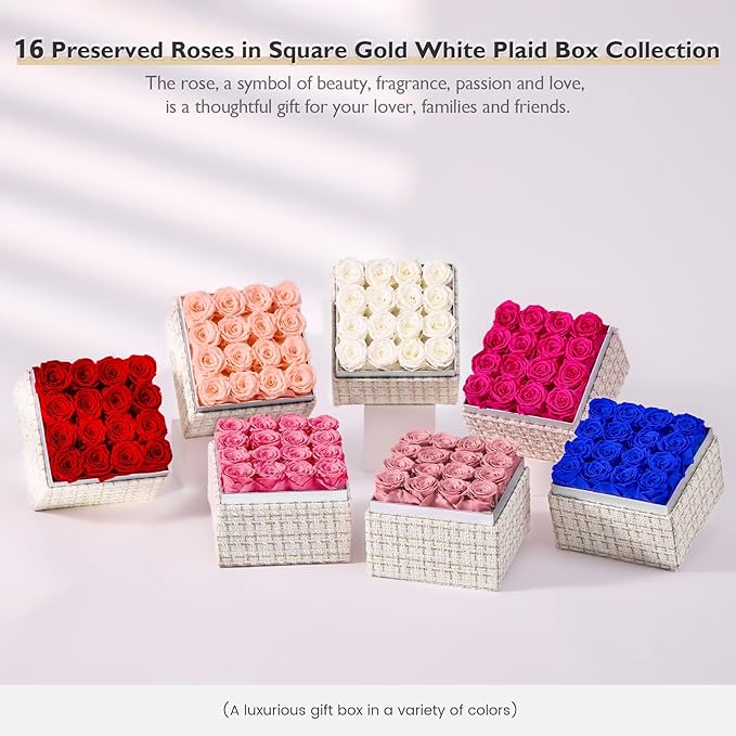 Eterfield Forever Flowers Preserved Roses Real Roses that Last Over a Year Rose Box Gifts for Her Mothers Day Valentines Day Christmas (Square Gold White Plaid Box, 16 Pink Roses)