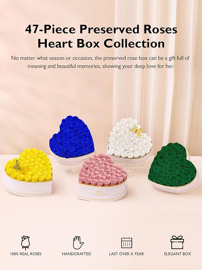 Eterfield 47 Forever Flowers in Heart Shape Box, Preserved Roses That Last a Year Preserved Flowers Birthday Gifts for Her Mom Women Wife Anniversary Valentines Day Mothers Day Christmas, Royal Blue