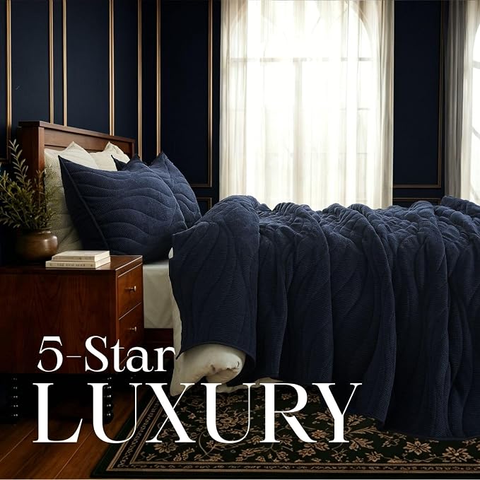 DOWN HOME Crinkle Textured Velvet Quilt Set with Shams, All-Season Luxury Modern Bedding,Easy Care Comforter,Ultra-Soft,Lightweight & Breathable, Queen, Imperial Blue