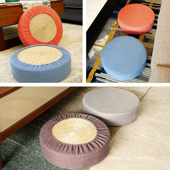 Round Floor Pillow Cover Tatami Floor Cushion Cover Straw Japanese Futon Cover Meditation Seating Ottoman Throw Protector for Living Room Indoor Outdoor Red,15.75 inches