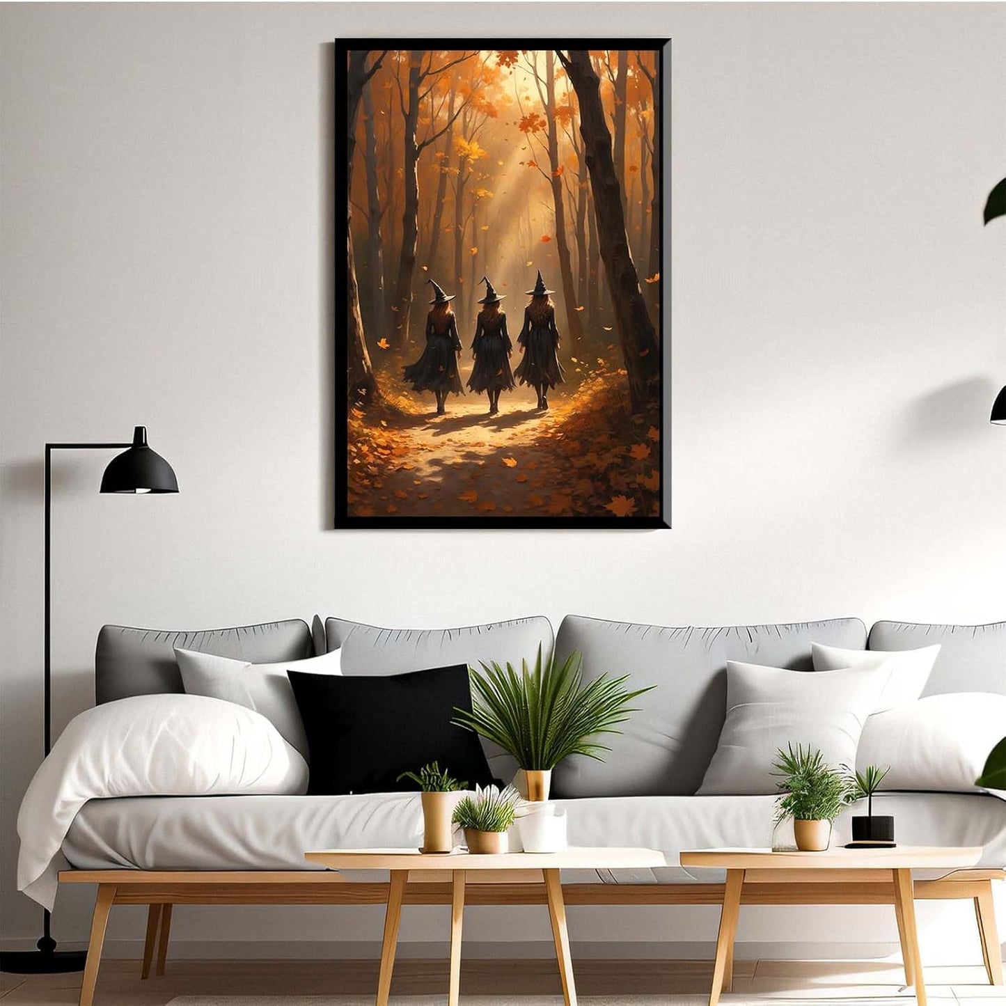 JFHCQJPK Three witches walking in the forest in autumn canvas painting gothic poster halloween print country witch wall art for home decoration24x36in Metal blackFramed