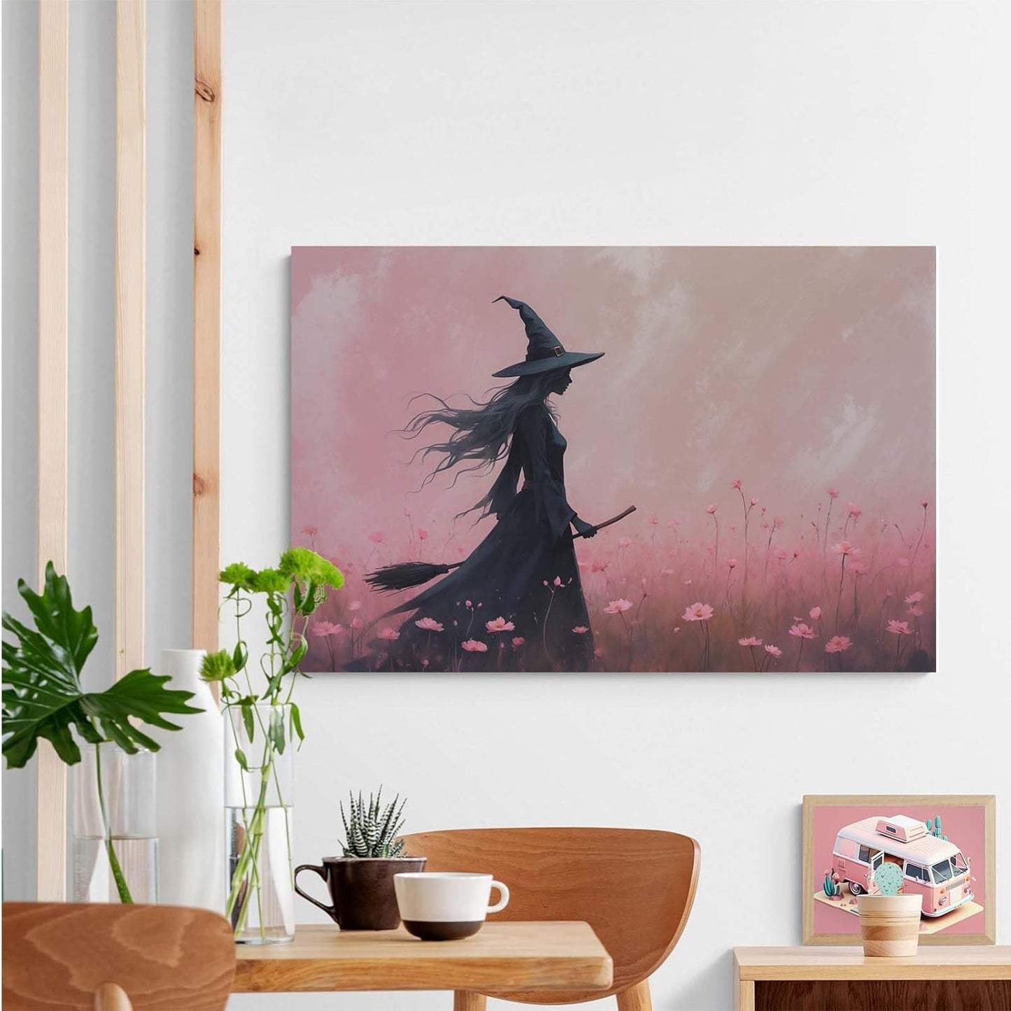 JFHCQJPK Witch in the pink sea of flowers Halloween prints weird flowers wall art silhouette painting fashionable romantic decoration suitable for bedroom16x24in Frameless