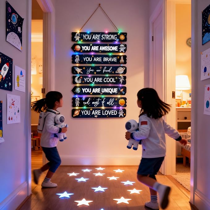 Space Wall Decor with LED Light Bedroom Boy Living Room Decor Inspirational Wall Art for Kids Room Decor Wood Wall Decorations Little Baby Nursery Room Decor Toddler Room Sign