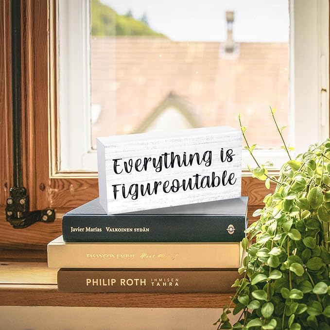 Esur Home Office Desk Decor - Inspirational Farmhouse Wooden Box Sign - Everything is Figureoutable(White)