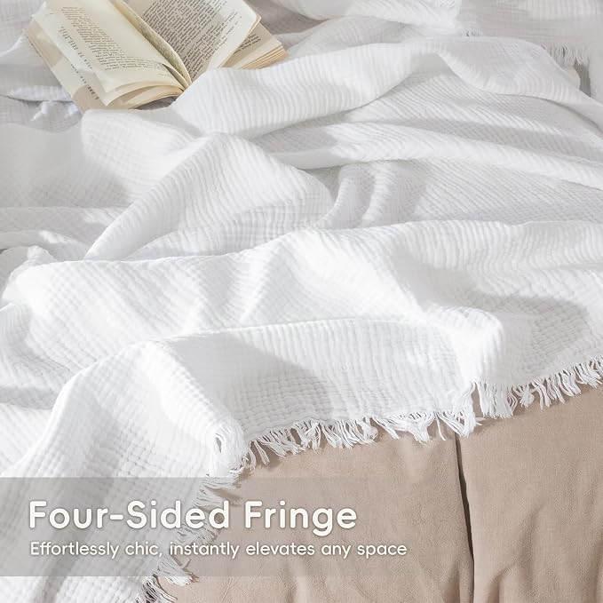 MooMee Muslin Blanket - 100% Cotton 4-Layer Gauze Throw Blanket with All-Around Fringe, Soft Breathable Lightweight Cooling Summer Blankets for Bed Couch (Bright White,Throw 60" x 50")