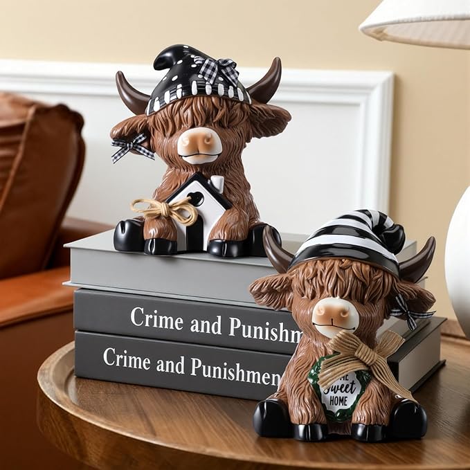 Wesiti 2 Pcs Highland Cow Home Decor Figurines Resin Farmhouse Ornament Set, Cute Cow Statues with House Home Sweet Sign, Rustic Tiered Tray Table Decor Gifts for Garden Kitchen Office