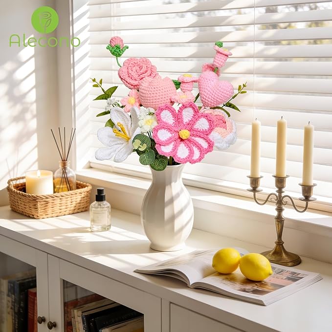 Alecono Large Crochet Flower Bouquet, Pink Knitted Flowers, Crochet Tulip Galsang Flower for Valentines Day Lover Anniversary Birthday Party Mother's Day Graduation Gifts (Include Card)