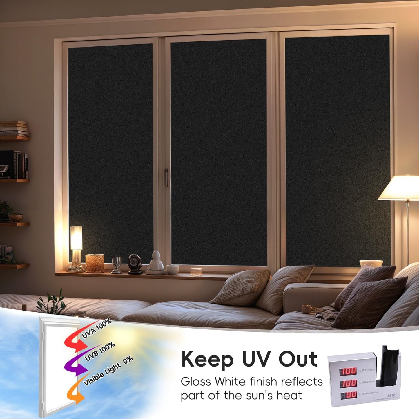 DUOFIRE Blackout Window Film Sun Blocking White Black Window Privacy Film Non Adhesive Static Cling Removable Windows Tint Anti -Glare Day Sleep Windows Tinting Films for Home, Office (23.6x118in)