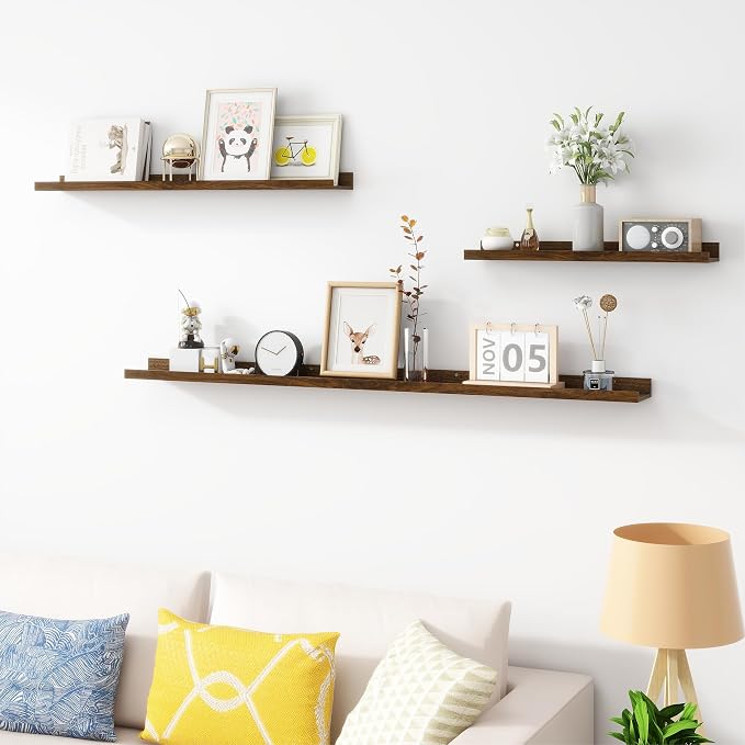 Acovy Picture Ledge Shelf, Wood Floating Shelves, 36 inch, Walnut, Set of 2 | Wall Mounted, For Living Room Kids' Room Bedroom, Photo Ledge Nursery Book Shelves