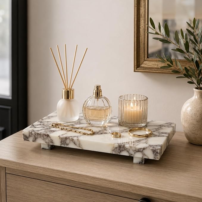 Marble Pedestal Tray for Perfume, Jewelry & Vanity Organizers | 9.84 in Calacatta Viola Stone Decorative Tray for Bathroom Counter Decor and Dresser Display