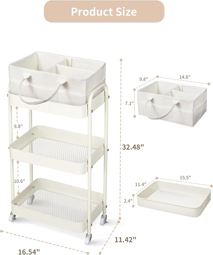 Fortella Baby Diaper Caddy, 3 Tier Rolling Storage Cart for Baby Essentials, Diaper Cart with Detachable Dividers, Storage Organizer & Baby Bottle Organizer for Bedroom, Living Room (Beige)