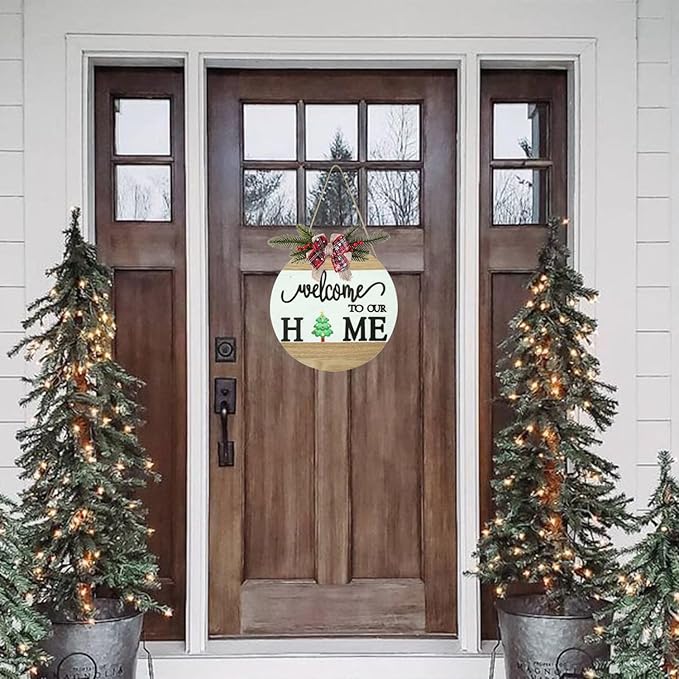 Interchangeable Welcome Sign for Front Door with 4 Seasonal Wreaths and 14 Changeable Icons, Farmhouse Front Porch Décor, Front Door Decoration, Seasonal Rustic Wooden Wall Sign home décor (7wood)