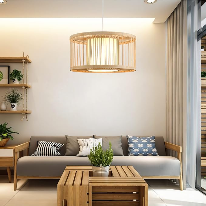 Boho Rattan Pendant Lights, 15.8" Coastal Drum Wicker Hanging Light Japanese Country Light for Dining Room Kitchen Living Room Bedroom, 1-Light E26 Base
