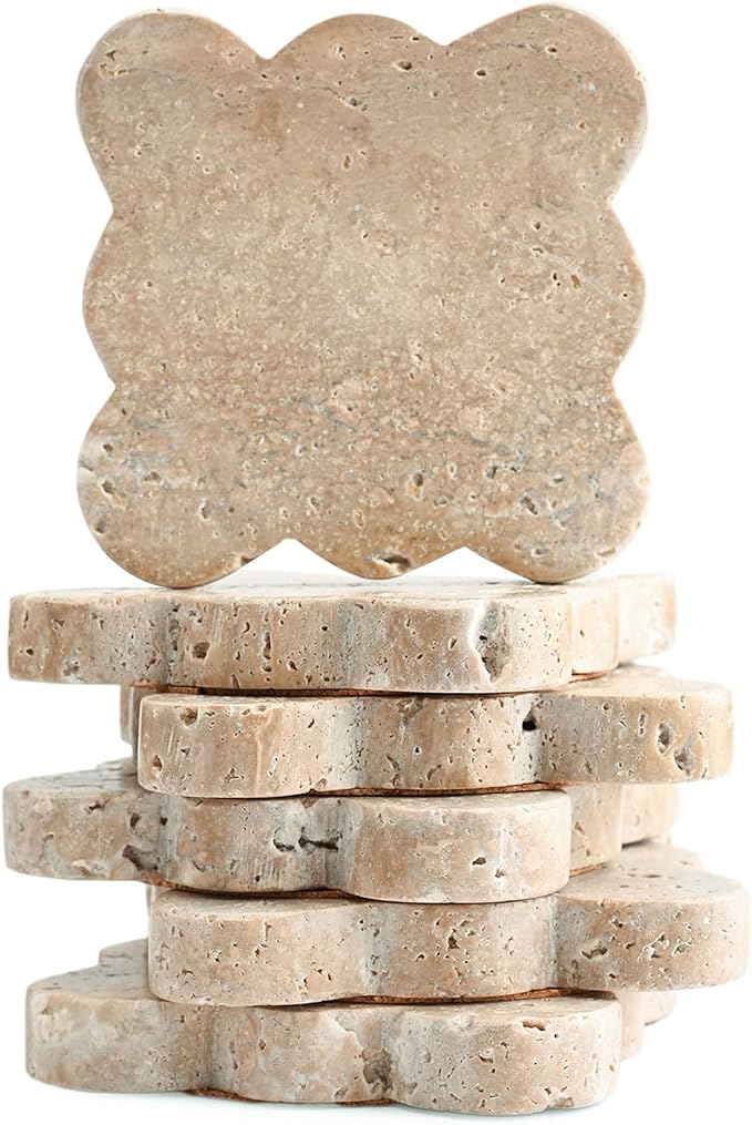 Perilla Home Travertine Coaster Scalloped Square Coaster Travertine Set of 6 Length: 4" Width: 4" Thikness: 15mm Brown