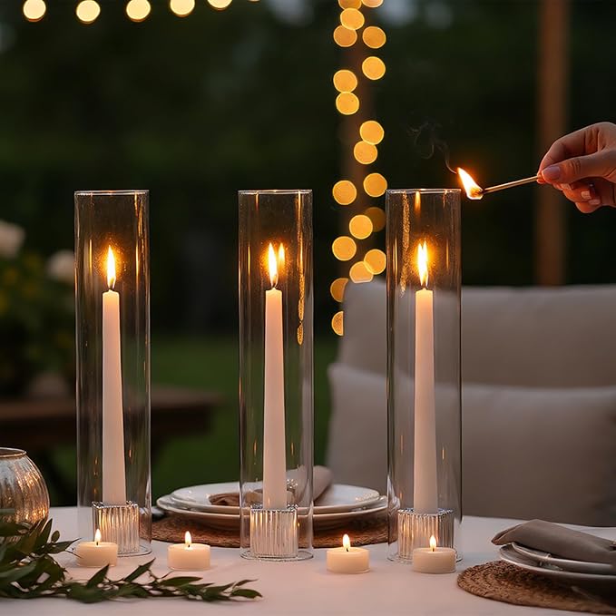 LETINE Hurricane Candle Holders with Silver Ribbed Taper Candle Holders Set of 3(14")– Bulk Windproof Taper Candle Hurricane Glass for Outdoor&Indoors Wedding Centerpiece, Event & Home Decor