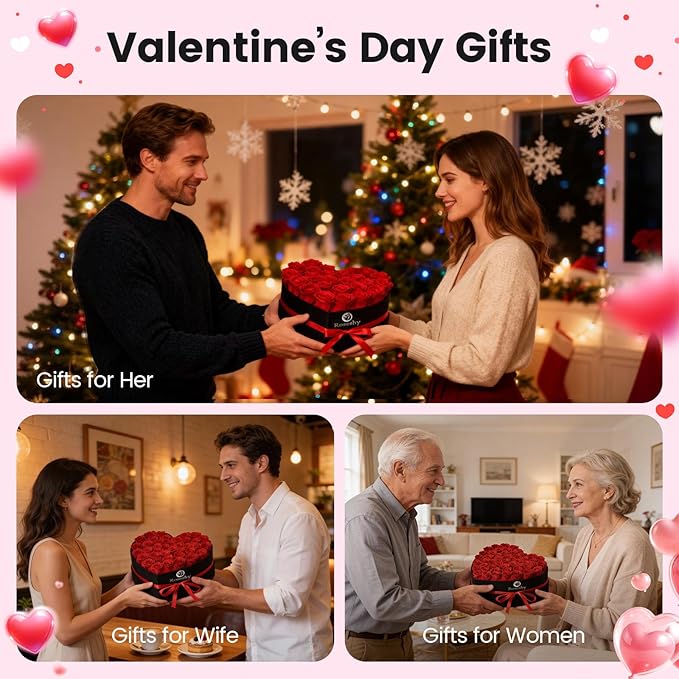Valentines Day Flowers Roses Gifts for Her,50pcs Red Forever Preserved Roses in Heart Shape Gift Box,Valentines Day Delivery Prime Gifts-Roses Gifts for Women,Mom.