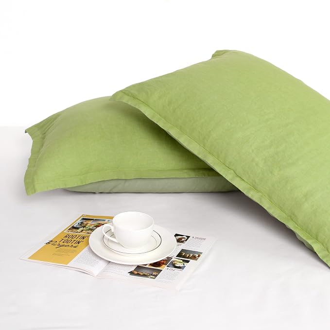 Linen World Linen Pillow Cases 20X40Inch Set of 2,100% French Natural Flax Pillowcase with Envelope Closure-Stone Washed Pillow Shams King Size,Lime Green&Sage Green