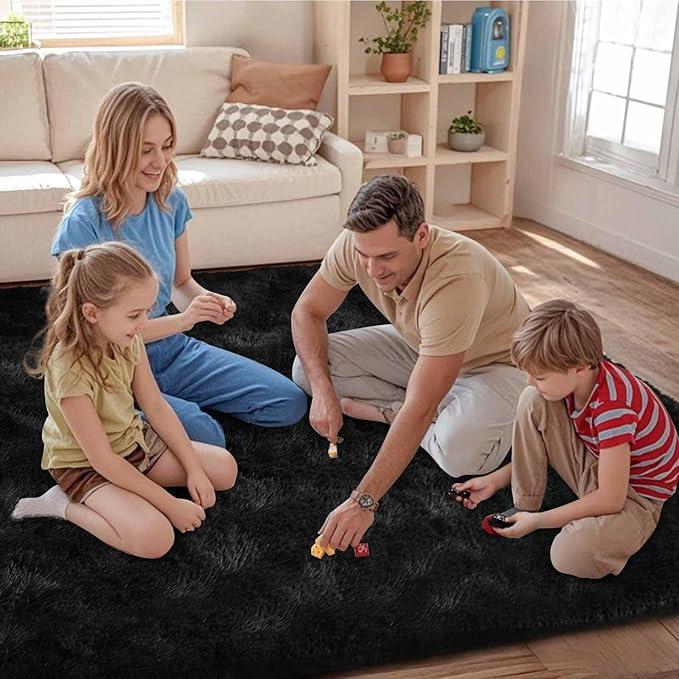 FinRèc 8x10 Feet Black Rugs for Living Room Bedroom, Fluffy Shaggy Area Rug, Non-Slip Soft Shag Rug for Nursery Kids Room Dorm Room Home Decor, Indoor Plush Floor Carpet