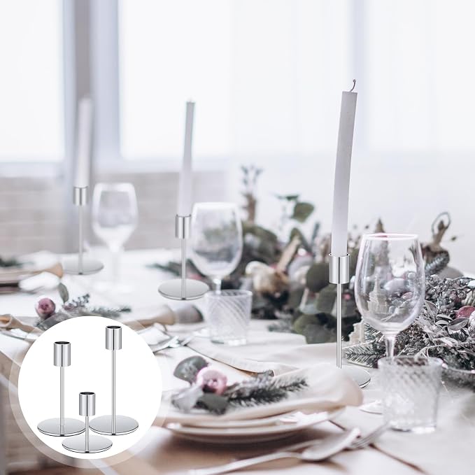 Sieral Candle Holders Bulk Taper Candlesticks Holders Set Modern Decorative Metal Candelabras for Wedding Anniversary Home Dinning Table Centerpiece Xmas Party Decor(Silver,15 Pcs)