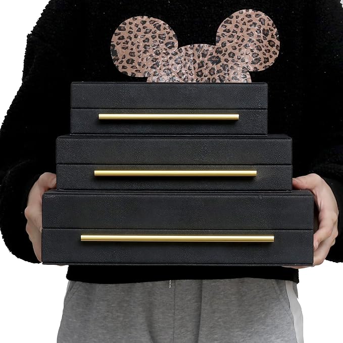 DECOR4SEASON Faux Shagreen Decorative Storage Boxes – Set of 3 Stackable Jewelry Organizers with Gold Metal Handles & Velvet Lining, Modern Black Box for Vanity, Entryway & Coffee Table Décor