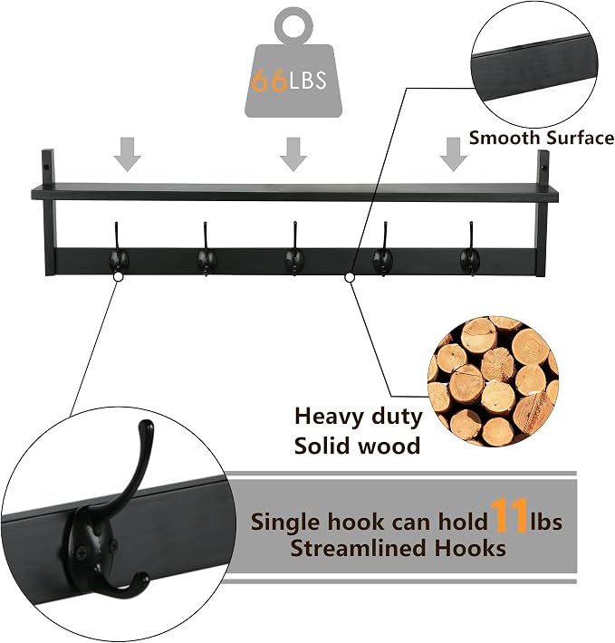 AMBIRD Wall Hooks with Shelf Entryway Hanging Wood Coat Hooks with Shelf Wall-Mounted Coat Hook Rack with 5 Dual Hooks for Bathroom, Living Room, Bedroom (Stylish Black)