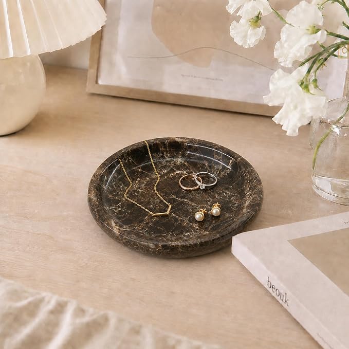 Small Natural Marble Jewelry Tray Key Plate Holder Dish Trinket Decor Catch All Bowl for Ring Earring Stone Gift for Women Daugther,Dark Brown,5.5"