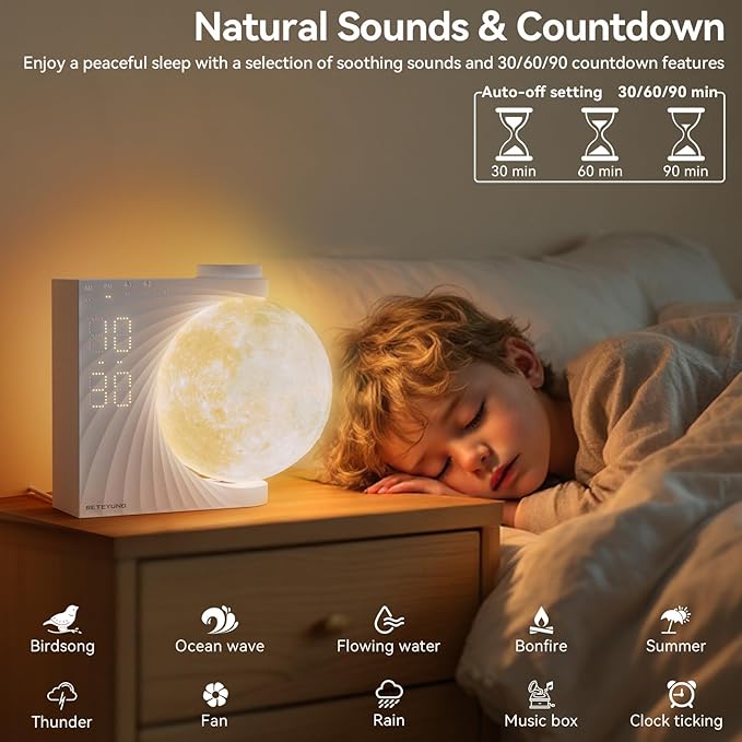 Sunrise Alarm Clocks for Heavy Sleepers,Night Lamp Clocks for Bedrooms with Moon Light,10 Light Effects,30/60/90 Timer,10 Sleep Nature Sounds,15 Ringtones,12 Volume Control with Snooze Function