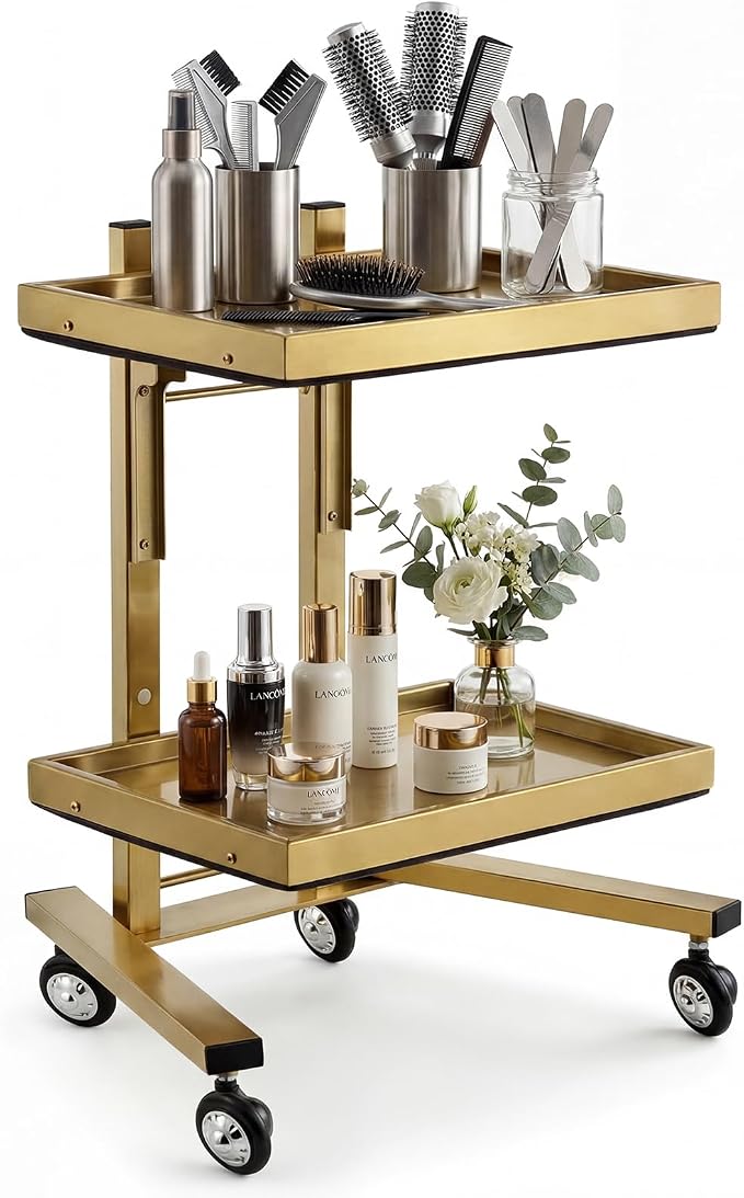 2-Tier Metal Rolling Cart – 34-Inch Folding Stainless Steel Salon Tray on Wheels, Utility Storage Trolley for Estheticians, Salon Studios and Shops, Dental Tools, Gold