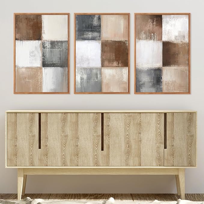 HOURIA 3Pcs Boho Brown Beige White Grey Square Lattice Canvas Wall Art 16"x24", Vintage Mid Century Modern Earth Tone Wall Decor, Minimalist Neutral Illustration Art Print for Office Living Room Home