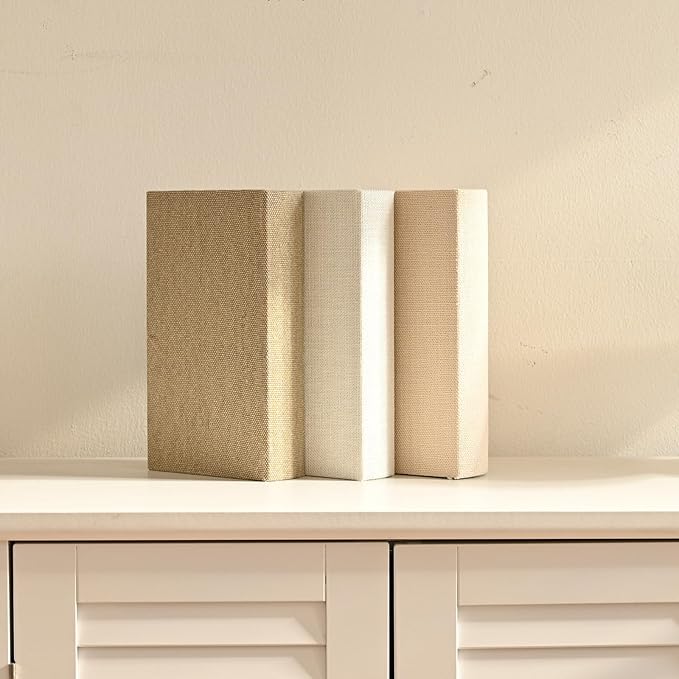 DECOR4SEASON Modern Linen and Wood Decorative Faux Book Boxes Set of 3, 8",Taupe,Beige,Off White