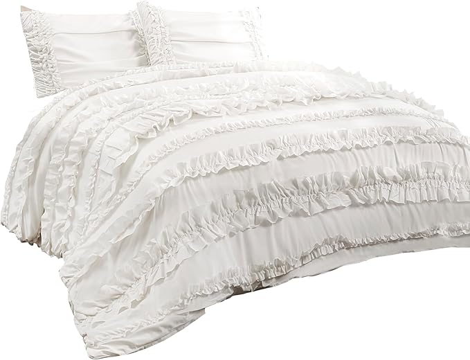 Lush Decor Belle 4 Piece Ruffled Shabby Chic White Comforter Set with Bed Skirt and 2 Pillow Shams - Queen Comforter Set