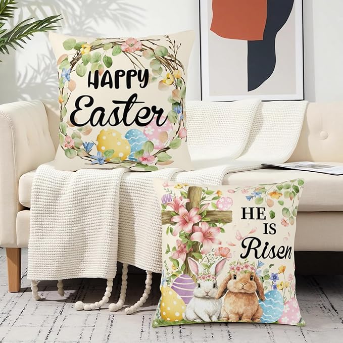 Happy Easter Pillow Covers He is Risen Lily Floral Cross Pillow Cases Spring Bunny Throw Pillow Covers 22x22 Set of 2 Colorful Eggs Wreath Cushion Cases for Home Farmhouse Sofa