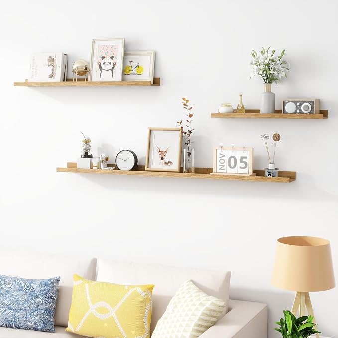 Acovy Picture Ledge Shelf, Wood Floating Shelves Set of 4, 24 inch Picture Ledge Shelves, Photo Ledge Nursery Book Shelves Wall Mounted for Living Room Kids' Room Bedroom, Color Oak