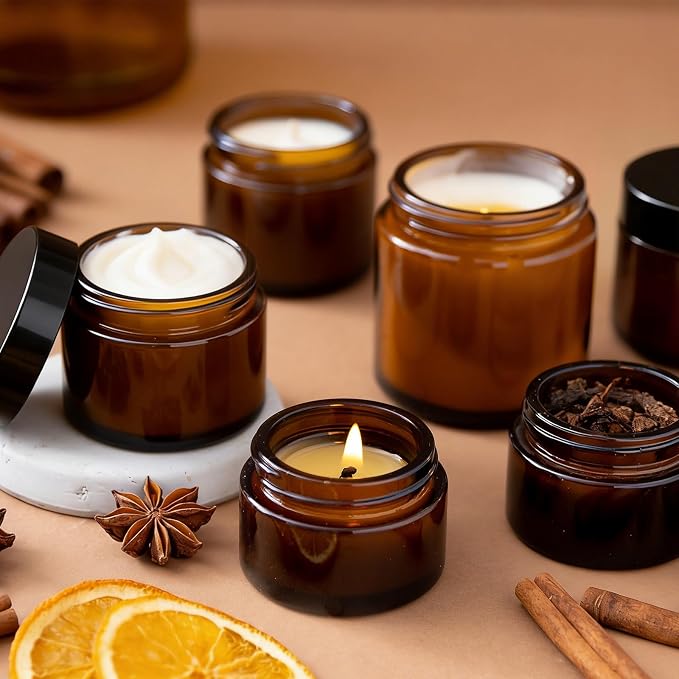 60 Pcs 2 oz Glass Jars with Lids, Amber Glass Jars with 60 Labels & 10 Spatulas, Inner Liners, LeakProof, UV-Protective,Round Glass Containers for Essential Oils, Spices, Candle Making,DIY