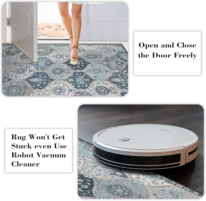 Lahome Moroccan Washable Round Area Rug, Soft Vintage Round Rugs 6ft Ultra-Thin Non-Slip, Distress Large Circle Carpet for Dining Room Living Room Bedroom Elise, Blue