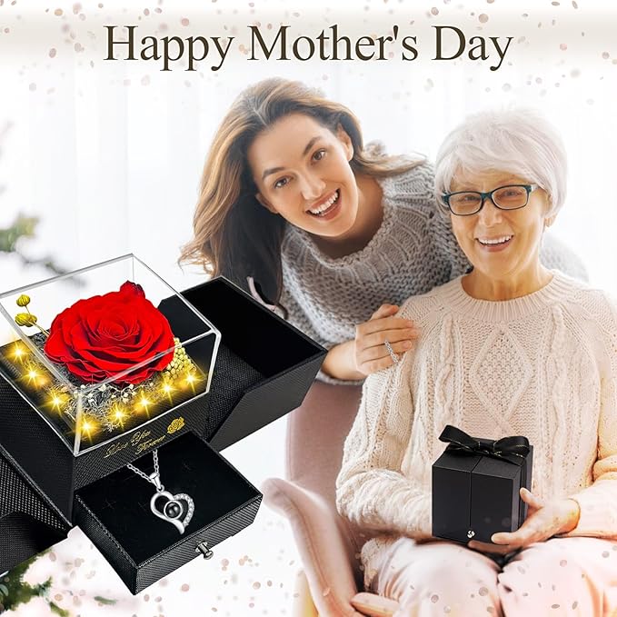 Preserved Real Rose with Heart Necklace for Her, I Love You Necklace 100 Languages Projection, for Mom Wife Girlfriend, Birthday Valentines Romantic Gifts for Women