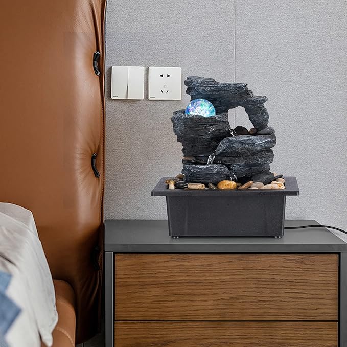 Amootek Tabletop Fountain Rotating Ball Rock Waterfall Fountain Office Includes Many Natural River Rocks Decorated with Colorful Lights, 9.05" L x 6.89" W x 10.23" H