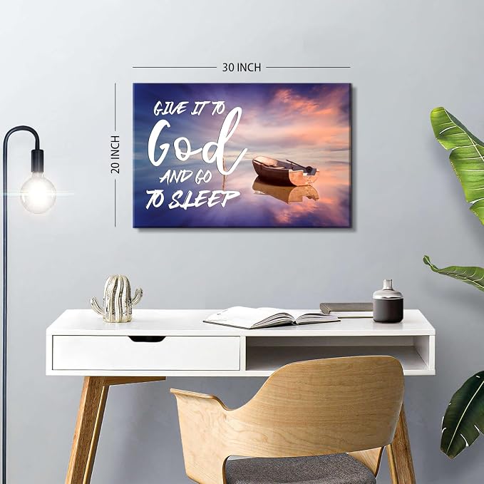 Give it to God and Go to Sleep Sign Wall Decor Master Bedroom Above Bed Christian Wall Art Beach Picture for Living Room Home Decorations Scripture Canvas Painting Wood Framed Modern Artwork 20x30''