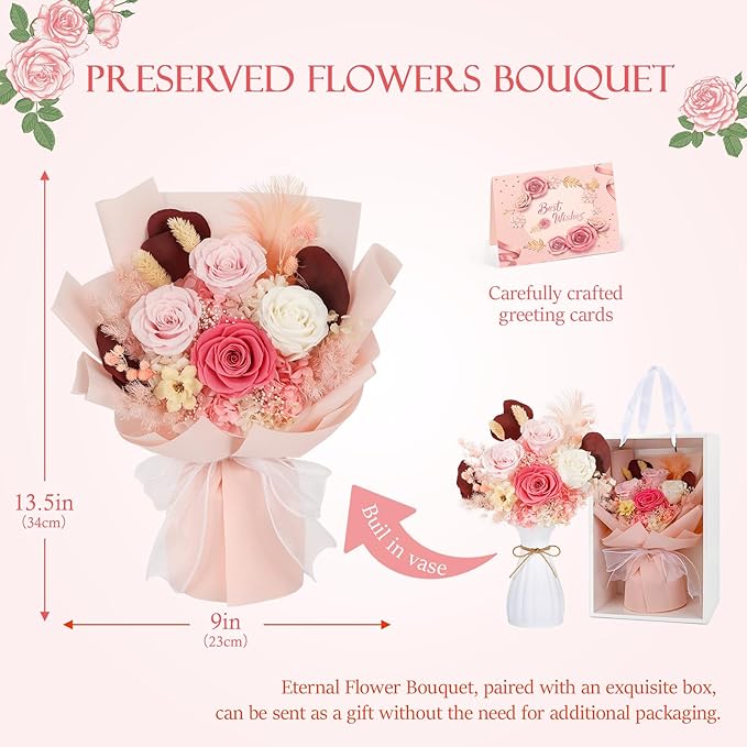 Preserved Flowers Bouquet 4 Roses with Vase,Flowers for Delivery Prime That Last 3-5 Years Real Forever Flowers Rose Bouquet for Mom Mother Women Wife Friends Birthday Mother's Day(Pink)