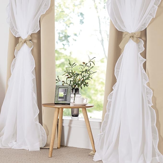 PONY DANCE Ruffle Curtains Double Layers Sheer Overlay Elegant Decoration for French Country Rustic Design Window Covering with Tiebacks, 52" Wide x 63" Long, Biscotti Beige, 2 Panels