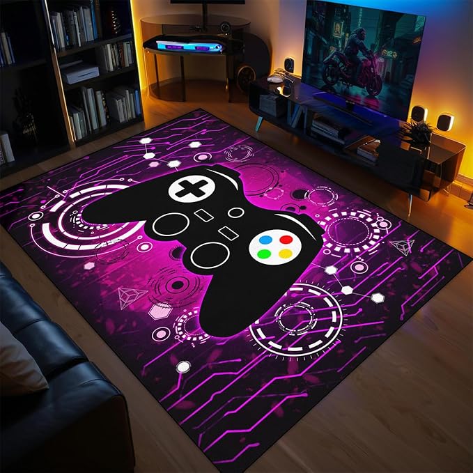 Gaming Rug for Boys Room - Purple Gamer Area Rug for Boys Bedroom Games Themed Kids Room Decor Gaming Carpet Rugs, 59 x 39 Inches