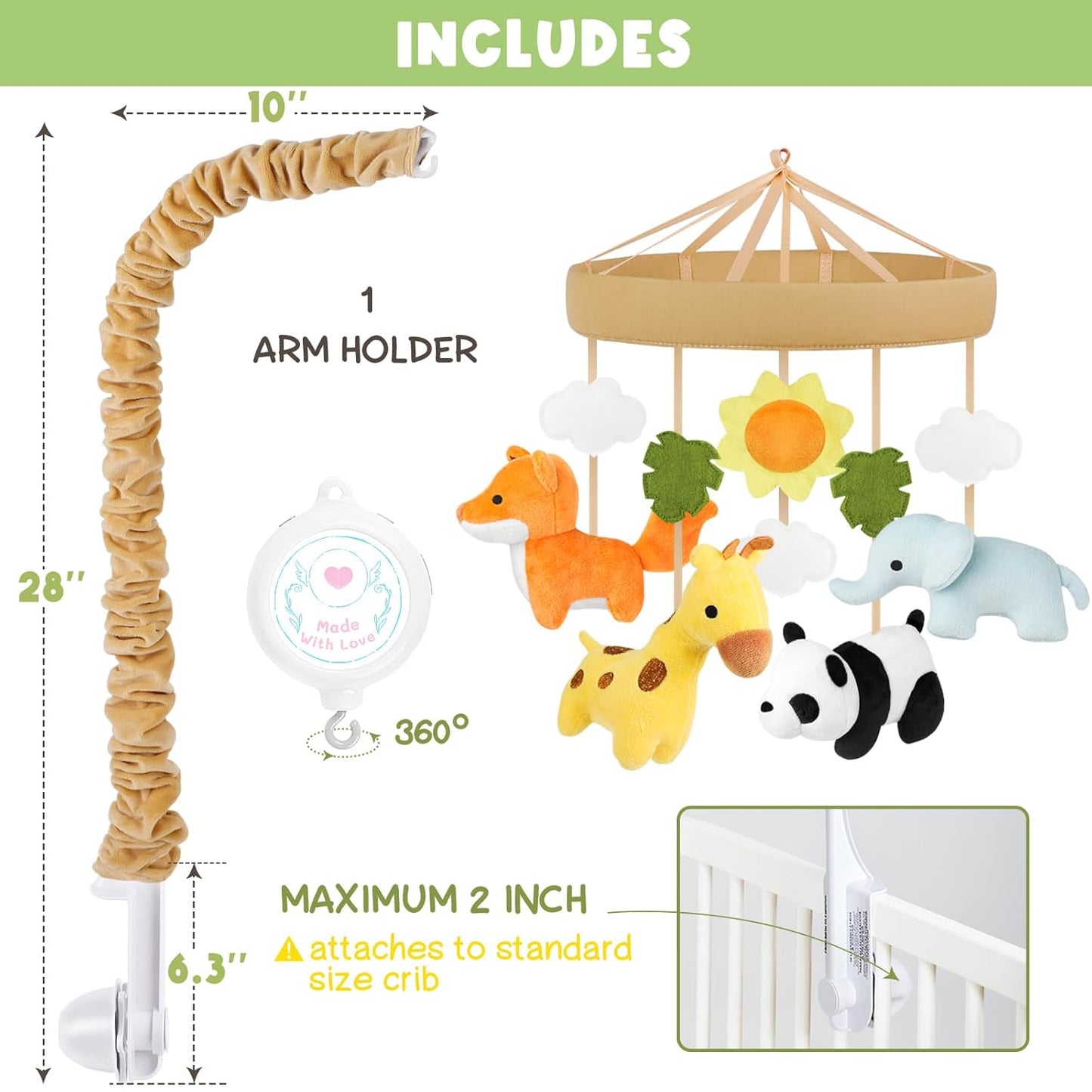 Animals Crib Mobile - Safari Baby Mobile for Crib with 12 Lullabies for Boys & Girls, Musical Baby Mobile for New Borns, Nursery Mobiles, Fits Standard Cribs