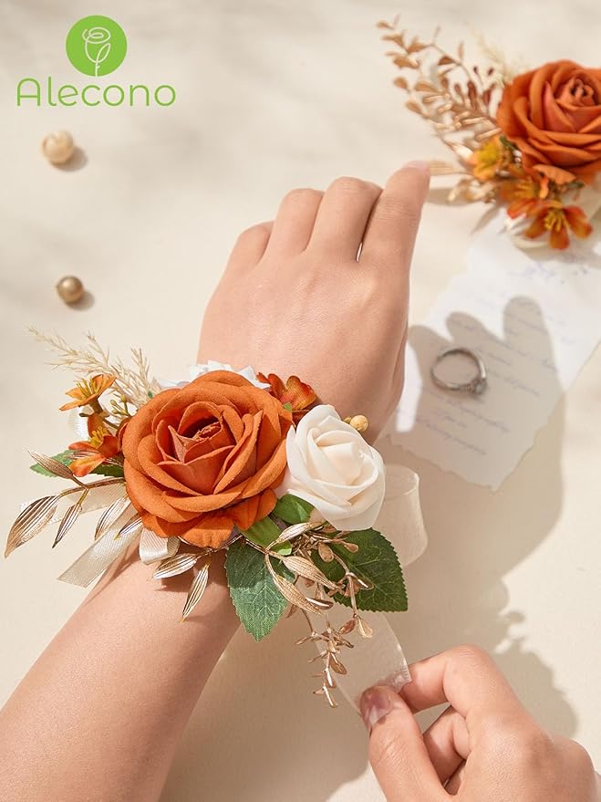 Alecono Orange Corsage and Boutonniere Set, Rose Corsage Wristlet for Women and Boutonniere for Men Wedding Prom Flower Accessories Suit Decorations